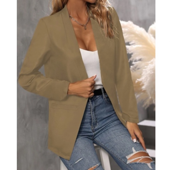 Classic khaki business casual open front blazer - Picture 14 of 16